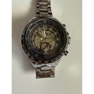 Winner Automatic Skeleton Mechanical Watch Mens Stainless Steel Band Silver Tone